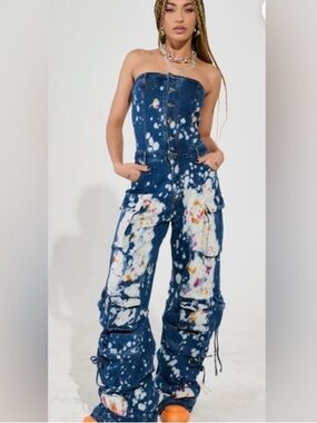 Akira Denim Jumpsuit Wide Leg Paint Splatter Cargo Boho Hippie